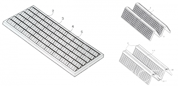 삼각구조 태양집광판도면(左)와 삼각구조 태양집광판으로 시설된 삼각구조시설, 일반 기존 태양집광판으로 시설된 삼각구조 시설(右) (사진자료=삼각솔라 제공)