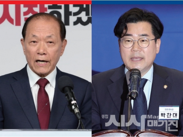 좌) 황우여 국민의힘 비상대책위원장 우)박찬대 신임 더불어민주당 원내대표